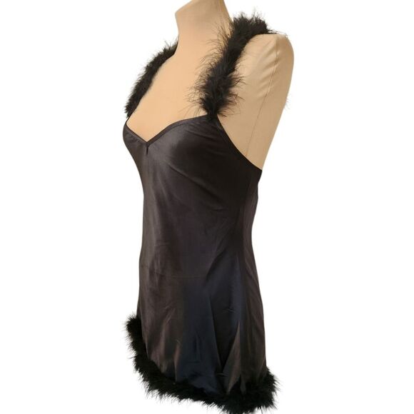 DOLLS KILL🔖NWT! TRICKZ N' TREATZ Black Satin Marabou Trimmed Slip Dress - Picture 6 of 11